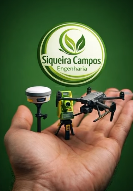 Identidade da Siqueira Campos Engenharia com receptor GNSS, estação total e drone sobre uma mão